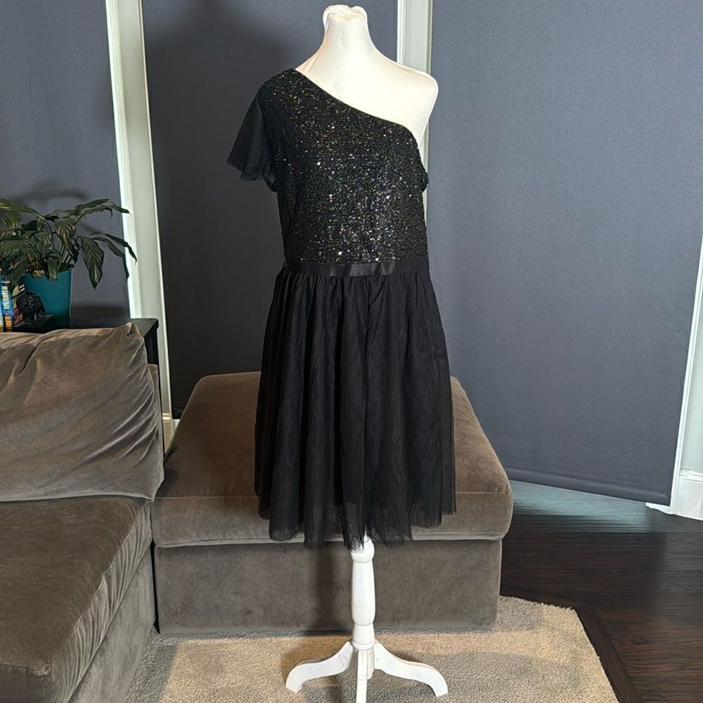 Women’s Black One Shoulder Short Sparkly Bodice Party Dress Zip Up Size XL